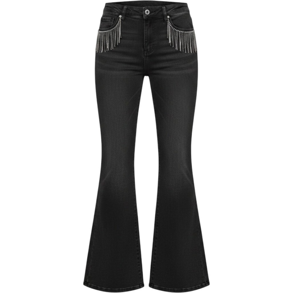 Risen Jeans Black Flared Denim Rhinestone Chain Fringe Distressed Hem Western 11